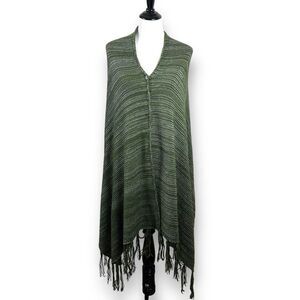 LuLaRoe Women's One Size Mimi Knit Sweater Poncho Olive Green Marl With Fringe
